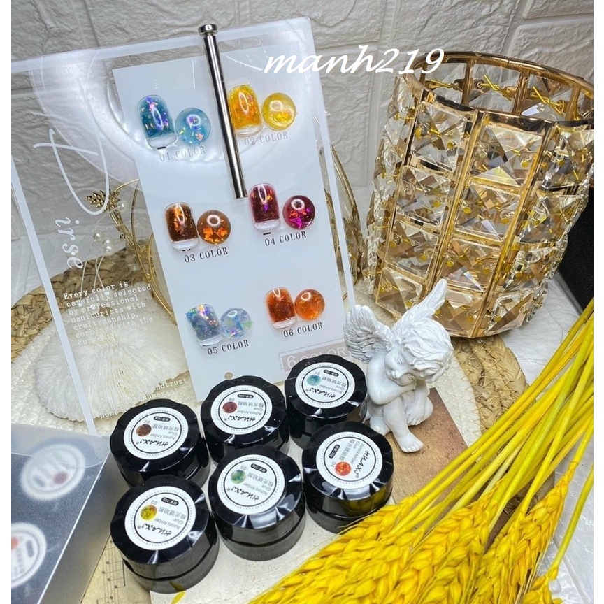 Set Nhũ Hổ phách, Khổng Tước 6 Hũ Huaxi Siêu Sáng Nail [ Tặng Bảng Màu ] manh219