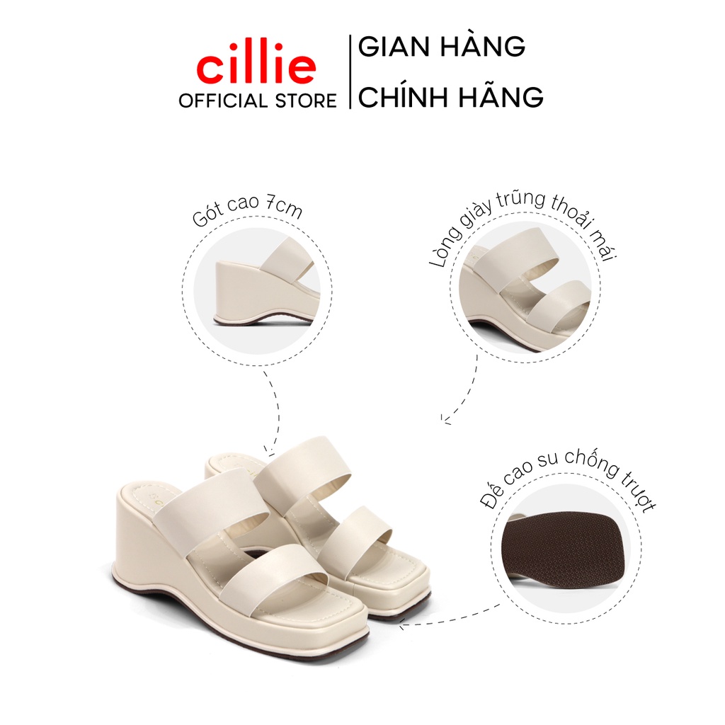 Dép Đế Xuồng Nữ Cillie Quai Ngang Đế Bánh Mì Cao 7p Da Mềm Êm Chân 1057