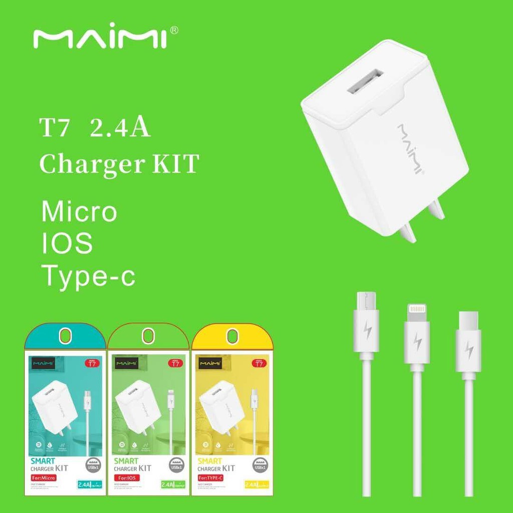 Cáp sạc Iphone, type c, micro Usb Kèm củ sạc Maimi T7 - Combo Cáp và củ sạc nhanh 2.4A bảo hành 12 tháng