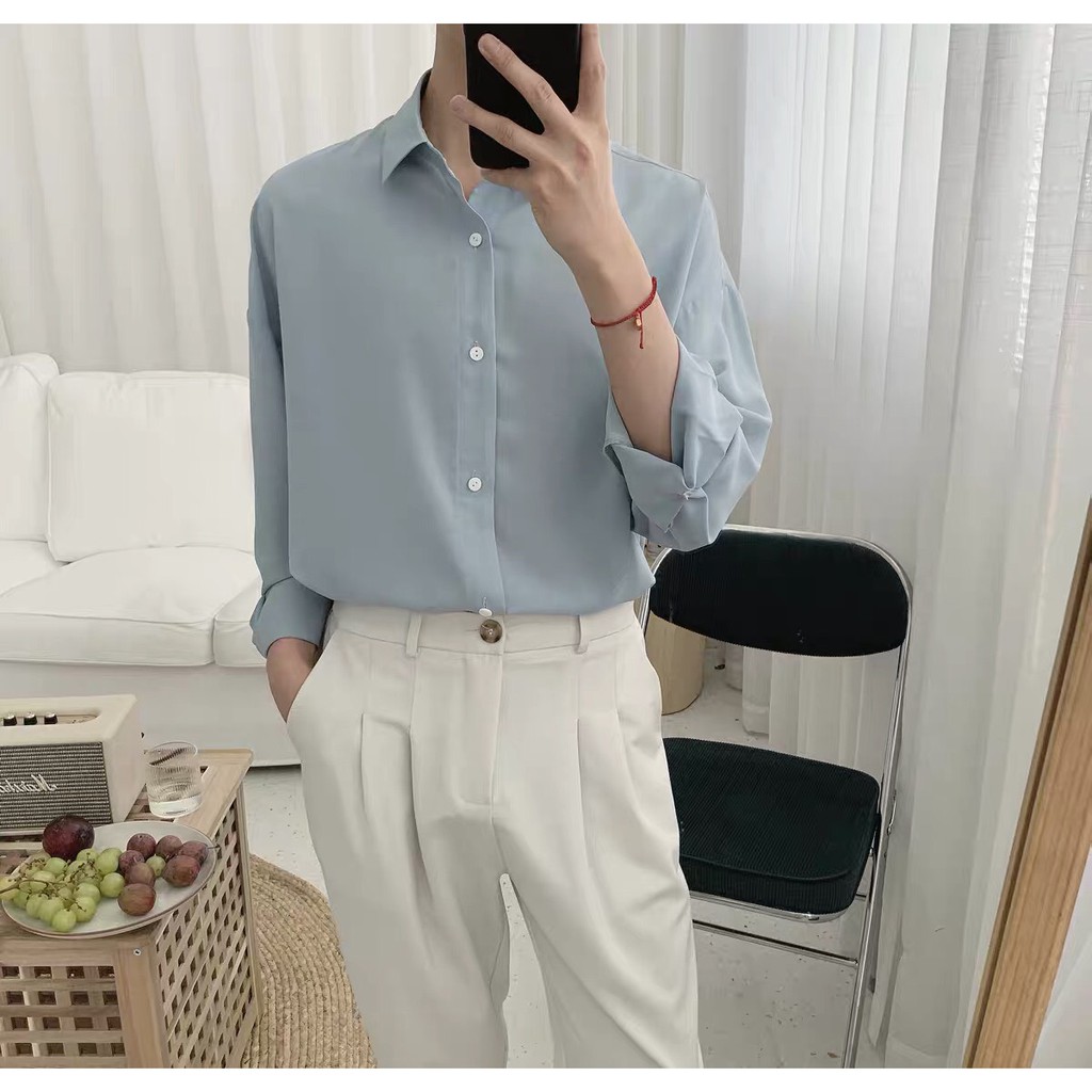 Áo sơ mi from rộng cổ bẻ UNISEX màu xám xanh, nút trắng phong cách cho giới trè