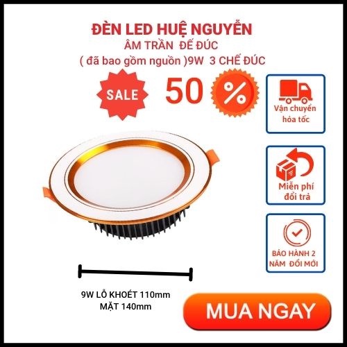 A13 Bong Đèn Led Âm Trần 9w 3 Màu Viền Vàng , Đèn Led Âm Trần Mắt Trâu Trang Trí Trần Nhà( ĐÃ BAO GỒM CHÁN LƯU)