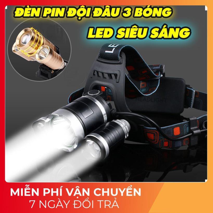 ✔️✔️ Đèn Pin Đội Đầu 3 Bóng Led T6- Siêu Sáng, Kèm 2 Pin, Kèm Sạc