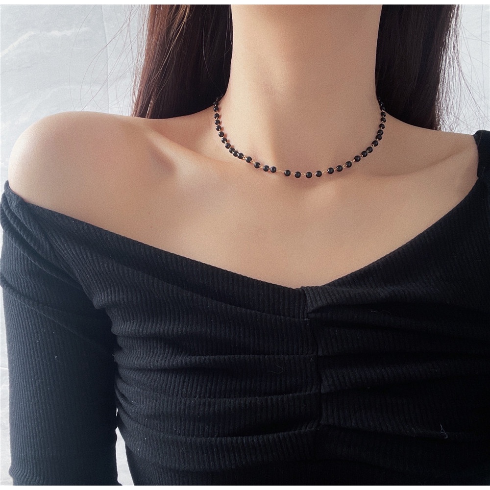 Vòng cổ Hai Lớp Mặt Hình Bướm Màu Đen Đính Ngọc Trai Thanh Lịch Dành Cho Nữ