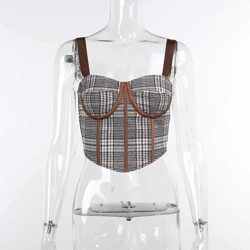 DUNEA Áo kiểu hai dây dáng ngắn họa tiết kẻ sọc ca rô phong cách retro thời trang cho nữ