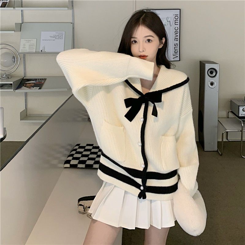 Áo Khoác Sweater Dệt Kim Dày Dặn Đính Nơ Thời Trang Thu Đông Hàn Quốc Mới