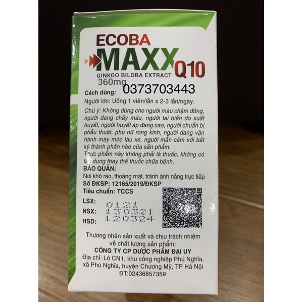 Bổ não ECOBA MAXX Q10 360mg - hộp 100v, hỗ trợ hoạt huyết, tâng cường lưu thông máu não