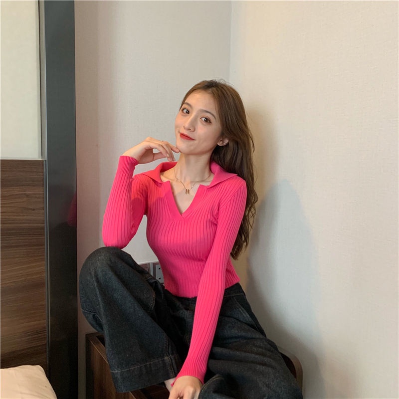 COZOK Áo thun dệt kim tay dài cổ polo màu kẹo ngọt