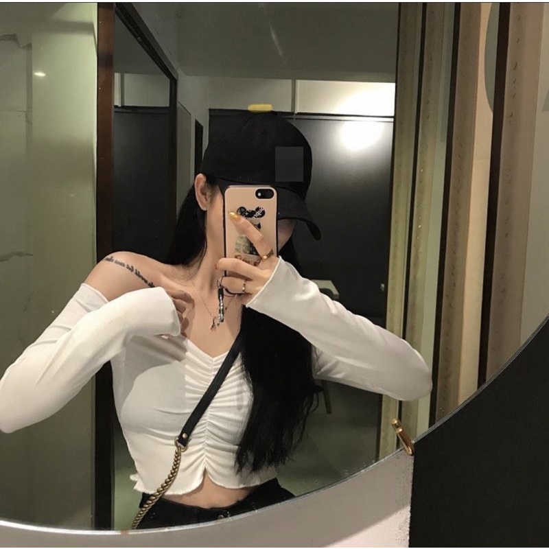 Áo Croptop Tay Dài Trễ Vai Nhiều Màu Sắc Nữ Tính Phong Cách Ulzzang Hot Trend 2022