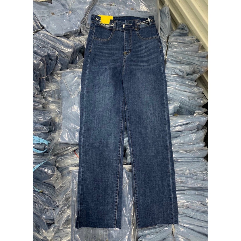 [FreeShip/ Ảnh Thật] Quần Jeans Ống Đứng Phối Đai Xích Quần Bò Nữ Dáng Rộng Phong Cách Thể Thao Nhiều Size Mã Q12