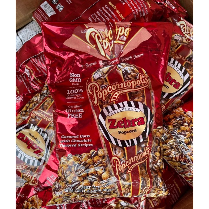 Bắp rang Popcornopolis Zebra Mỹ- mix caramel&amp; chocolate- 680g