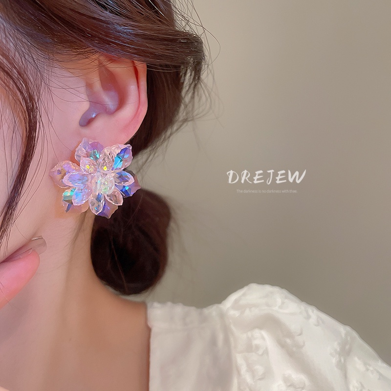 DREJEW Khuyên tai mạ bạc hình hoa đính đá nhiều màu sắc phong cách Hàn Quốc thời trang cho nữ
