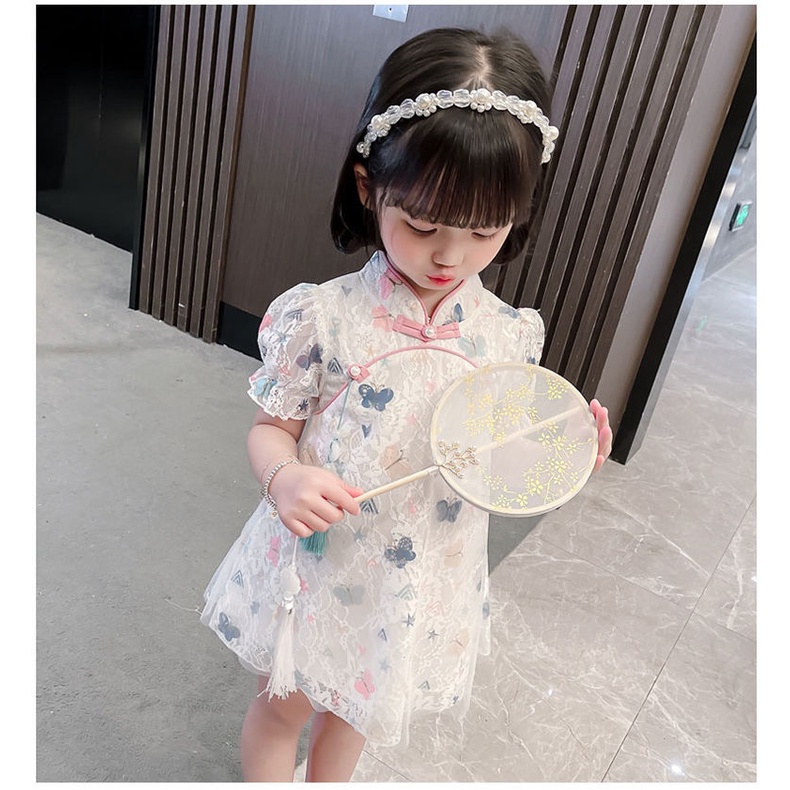 Đầm Công Chúa Mùa Hè Tay Cộc In Họa Tiết Hoạt Hình Dễ Thương Phong Cách Trung Hoa Cho Bé Gái 0-8 Tuổi