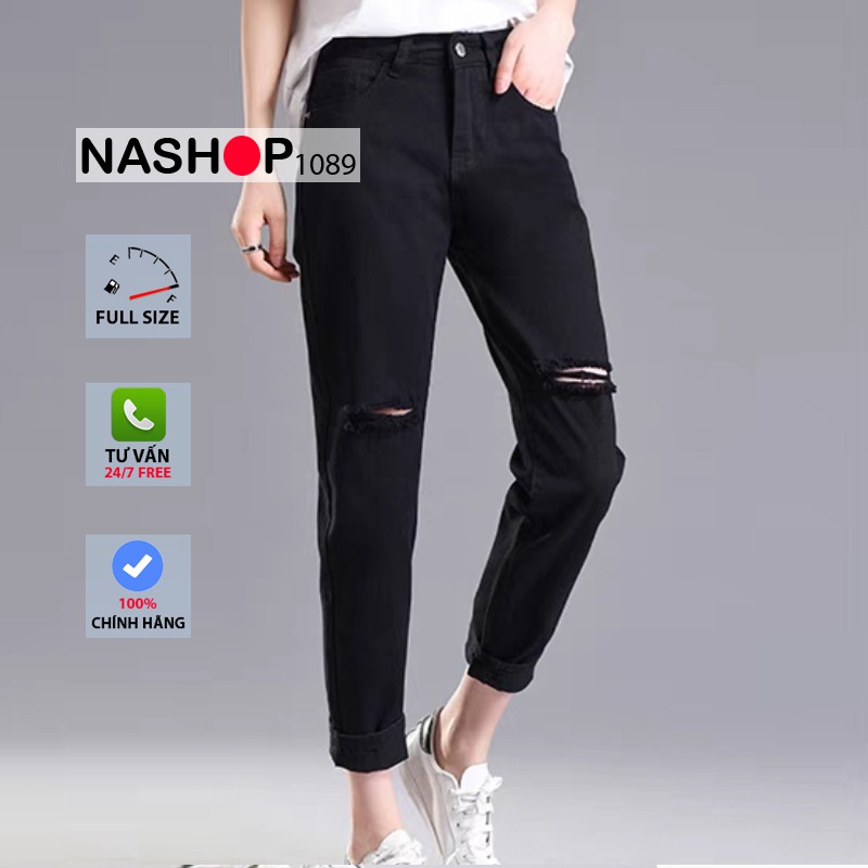 Quần jean bò nữ baggy đen rách gối mẫu mới nhất 3 size S M L hot năm 2021 QT21