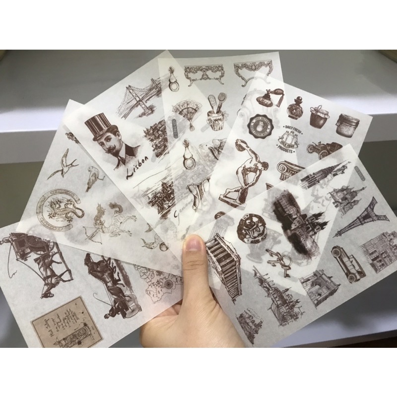 Bộ 6 tấm sticker vintage hình dán dễ thương trang trí sổ tay cute, Nhật ký, Bullet Journal chất liệu washi