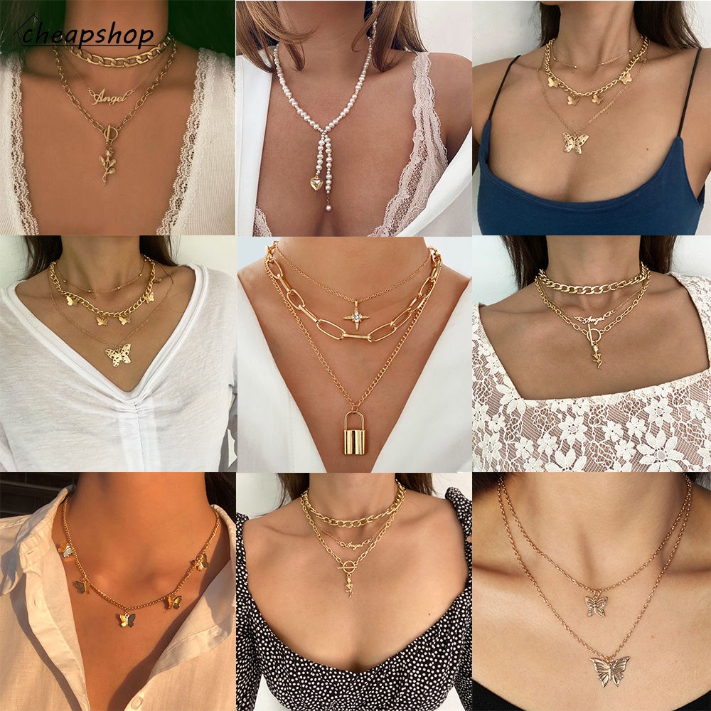 Vòng cổ nhiều lớp iF YOU phối mặt hình bướm và ngọc trai thời trang