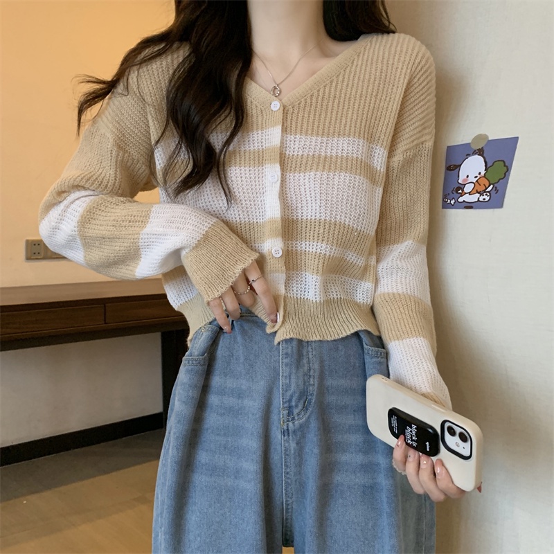 Áo cardigan SUXI dệt kim mỏng tay dài cổ chữ V dáng rộng họa tiết kẻ sọc phong cách cổ điển Hàn Quốc cho nữ