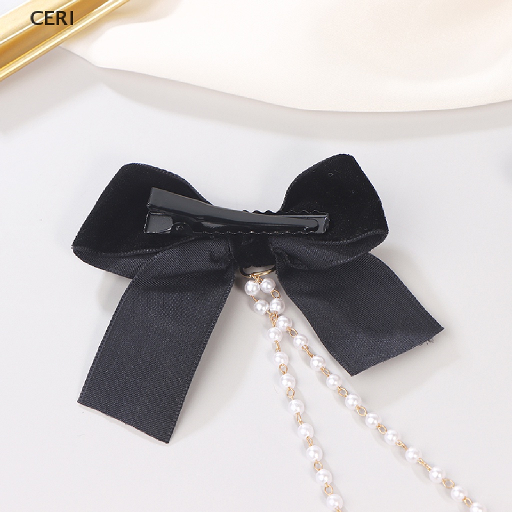 Kẹp Tóc Hình Nơ Bằng Nhung Phối Chuỗi Hạt Ngọc Trai Thời Trang Cho Nữ