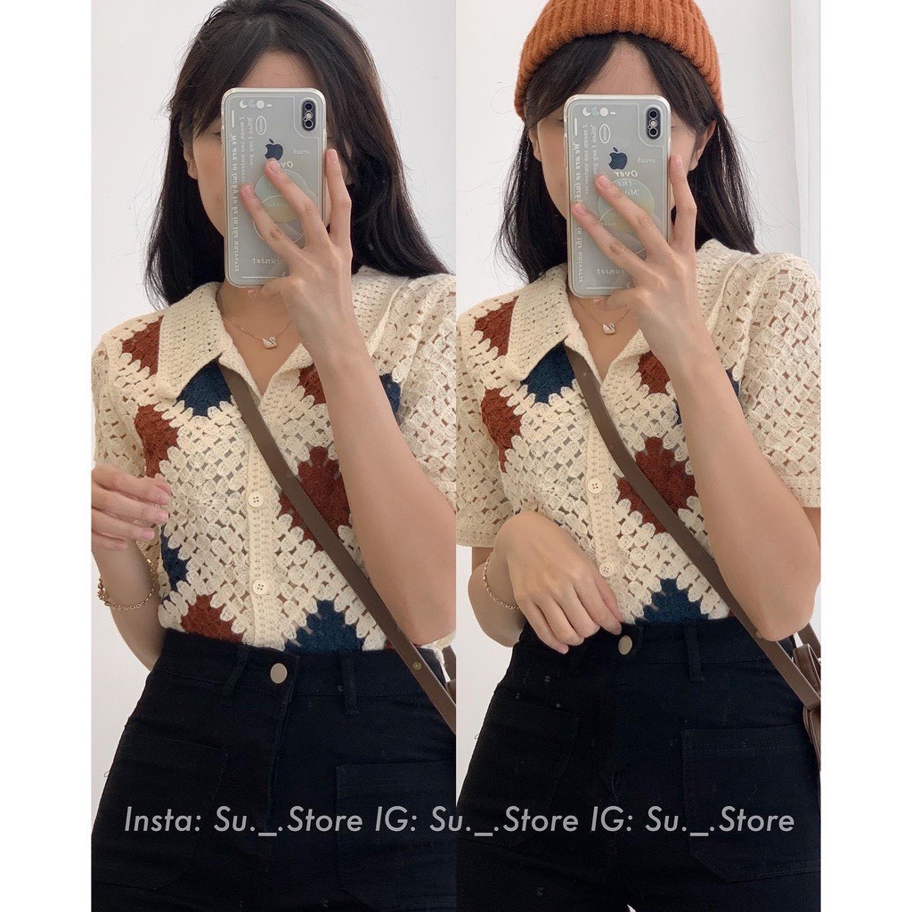 Áo len ren đan móc thổ cẩm hoạ tiết siêu xinh,áo cardigan len ô trám cổ bẻ cài khuy