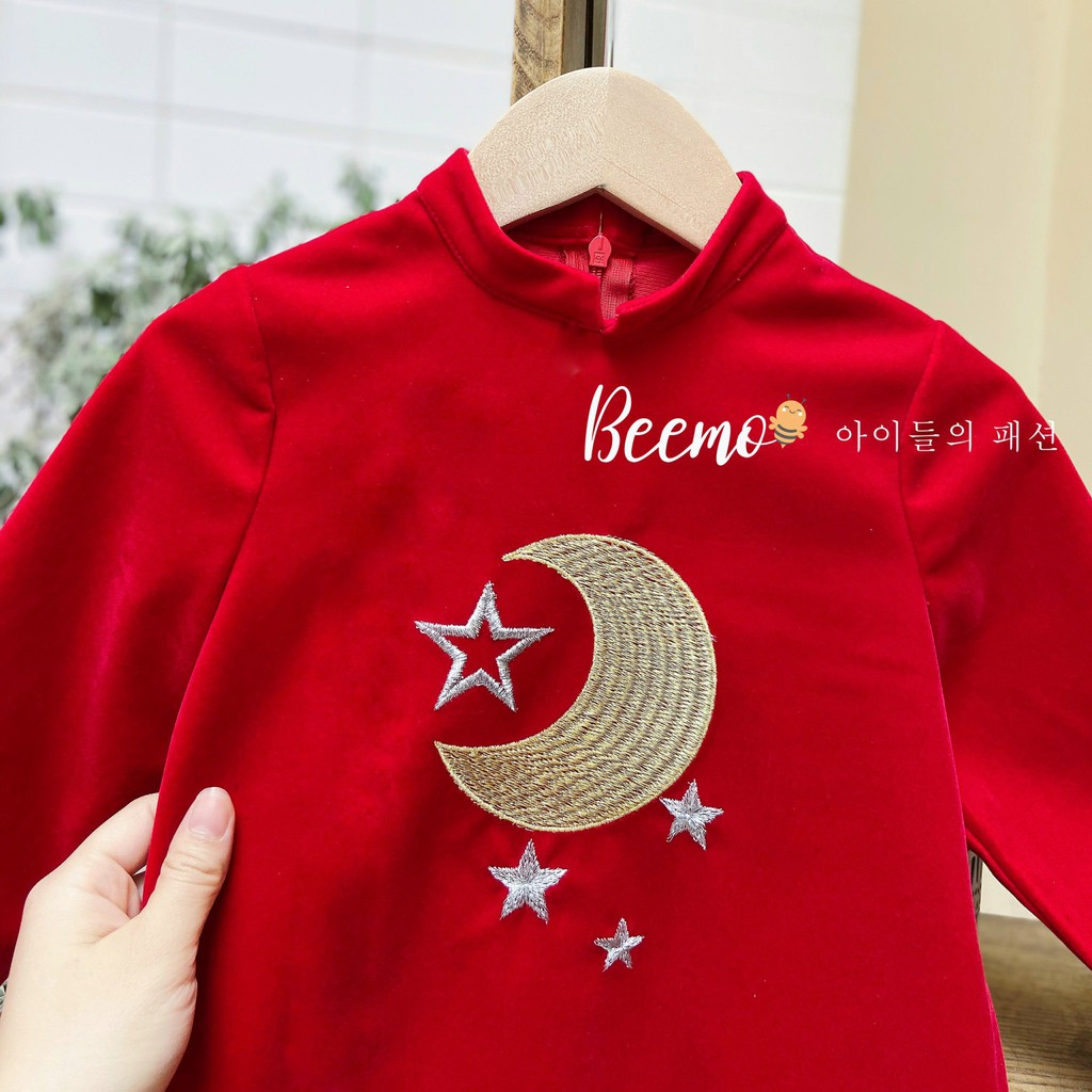 Set áo dài nhung đỏ thêu trăng sao GELU KIDS áo dài đôi thiết kế cao cấp cho bé trai bé gái