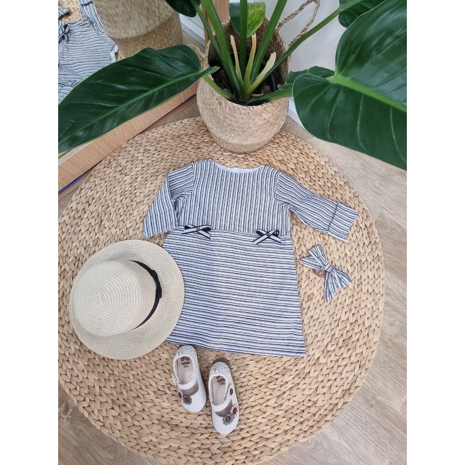 Đầm kẻ sọc xám nơ túi tay lỡ Sora Chan - M029