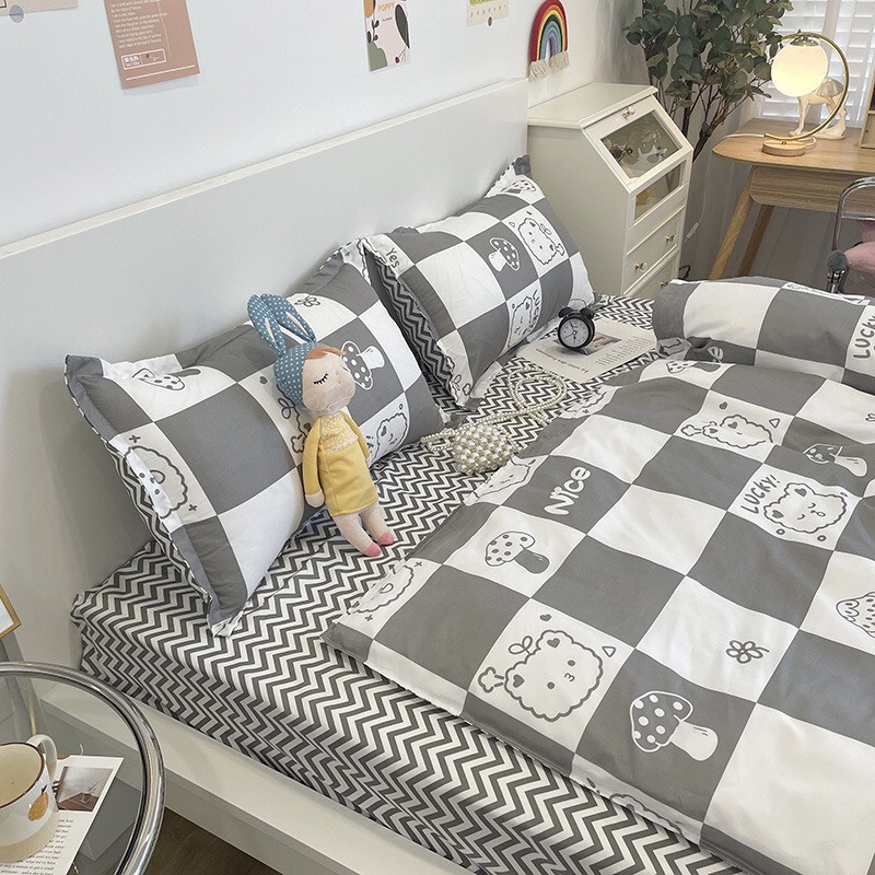 [RẺ VÔ ĐỊCH] Bộ chăn ga gối drap giường chất cotton poly họa tiết gấu caro