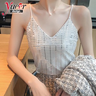 Nhỏ Nhỏ Camisole 99S ~ XL Tính Khí Cổ Chữ V Gợi Cảm Dây Đeo Kim Sa Lấp Lánh Nữ Phong Cách Ngắn Lấp Lánh Slim-fit Đáy Áo Sơ Mi Camisole Cổ Chữ V Đáy