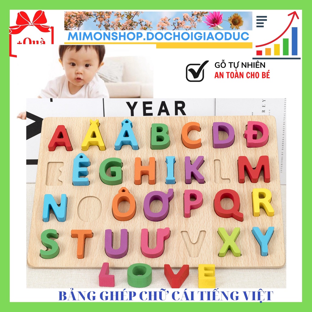Bảng ghép gỗ học chữ cái và số đếm Tiếng Việt, Đồ chơi lắp ghép cho trẻ Phát triển trí tuệ an toàn cho bé MIMON