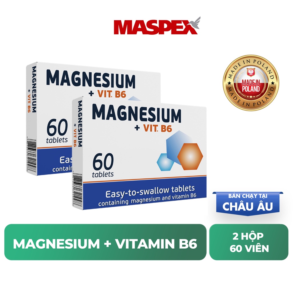 Viên Uống Bổ Sung Magie, Vitamin B6 Magnesium + Vit.B6 MASPEX Hỗ Trợ Giảm Đau Đầu Mệt Mỏi Suy Nhược 60 Viên/Hộp