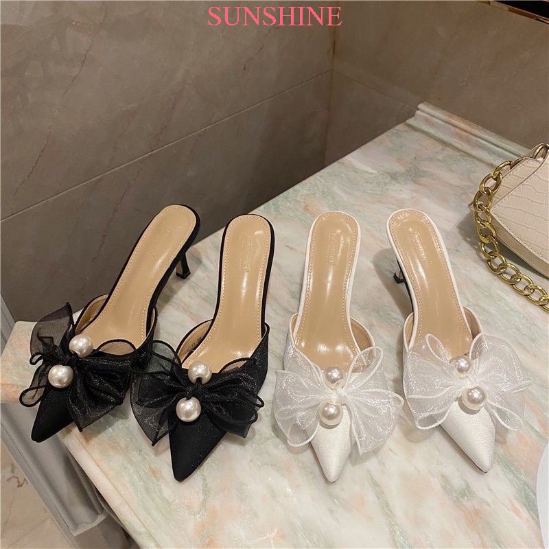 Giày cao gót gót nhọn, cao gót bít mũi đính kèm nơ ngọc Sunshine Store A027
