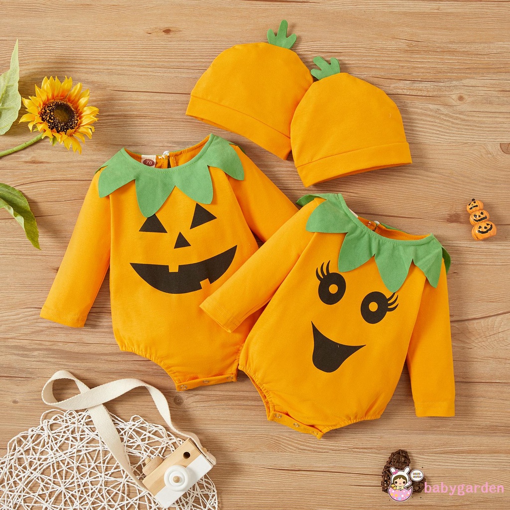 Bộ Áo Liền Quần Tay Dài Cổ Tròn + Mũ In Họa Tiết Halloween Cho Bé