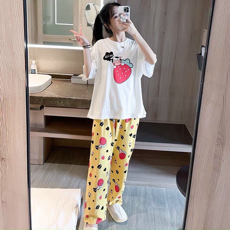Đồ bộ nữ in hình trái dâu cute dài tay + quần dài THUN LẠNH 3D dưới 55kg kiểu dáng xinh xắn đáng yêu-Mã056