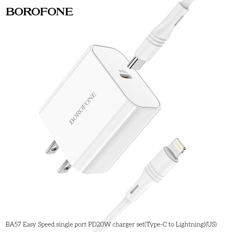 Sạc iphone 20W Borofone BA57: Củ sạc nhanh iphone 20W PD và dây sạc type-C to lightning tương thích IP 13,12,11,X,8,7,6