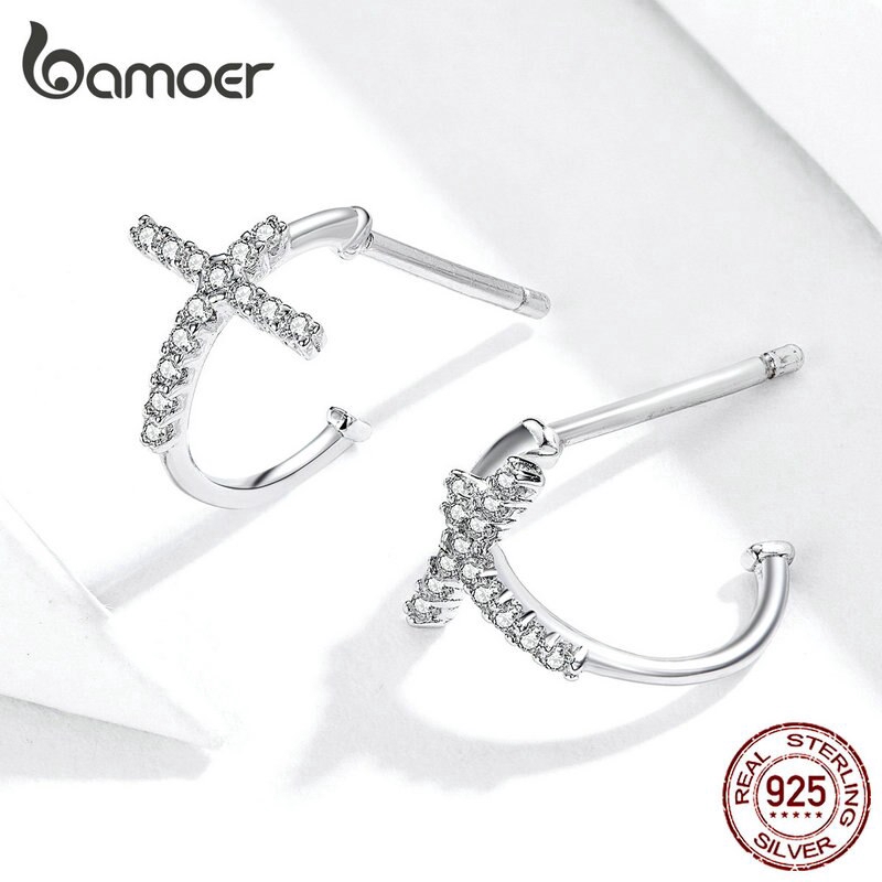 Hoa tai Bamoer SCE755 xi bạc phối mặt hình thánh giá khảm đá sang trọng dành cho nữ