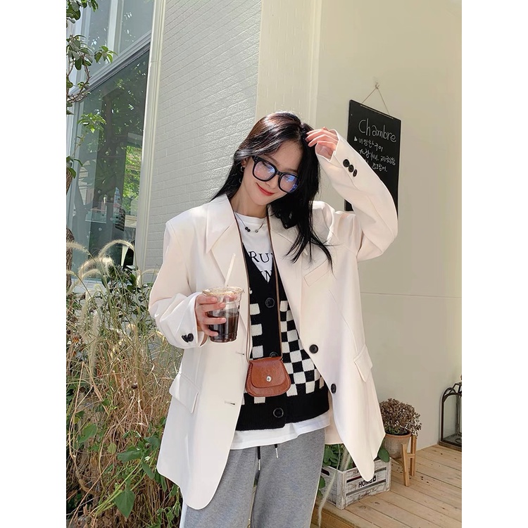 Áo khoác len không tay dáng rộng hoa văn kẻ ô dễ phối đồ thời trang hàn quốc