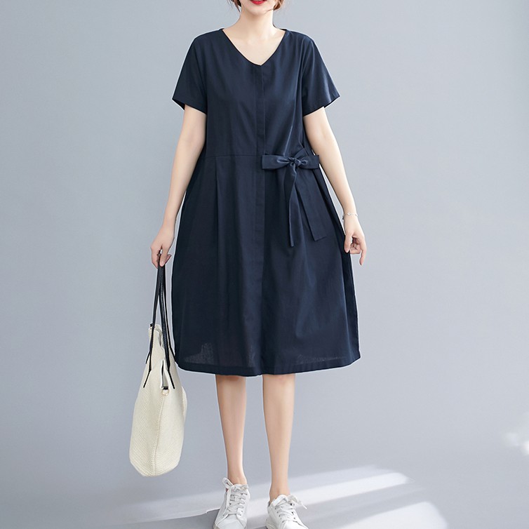 (V044) Váy đầm nữ bigsize ngắn tay dáng suông eo buộc nơ dễ thương (size L-XL fit 80kg)
