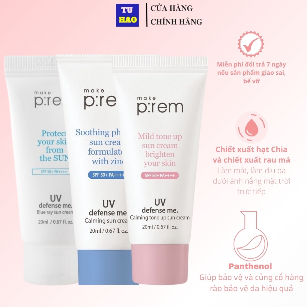 [Mã FMCG8 - 8% đơn 250K] Kem Chống Nắng Vật Lý Make Prem UV Defense Blue Ray Sun Cream SPF 50+ PA++++ 20ml