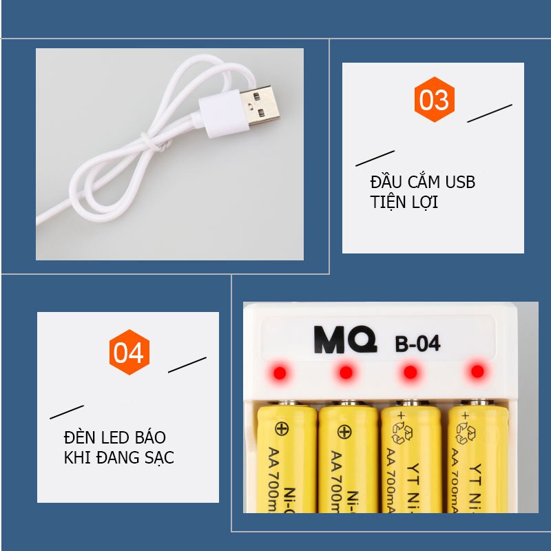 Bộ sạc pin AA, sạc pin AAA (sạc pin tiểu) 4 cổng đầu cắm USB - MQ-B04