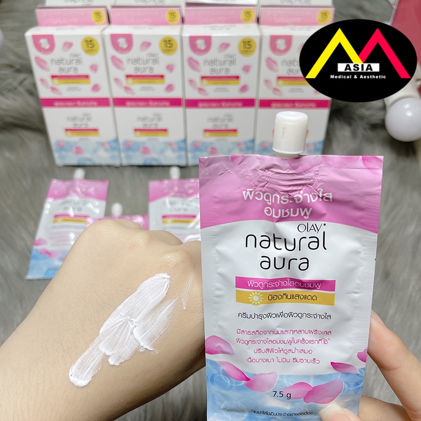 Kem dưỡng da OLAY Natura  Aura Pink chống nắng trắng da cấp ẩm mờ thâm nám mụn vitamin e hoa hồng pháp thái lan 6 gói