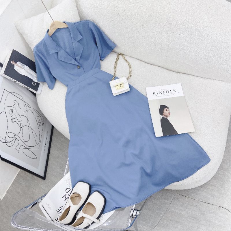 Set áo cổ vest chân váy midi