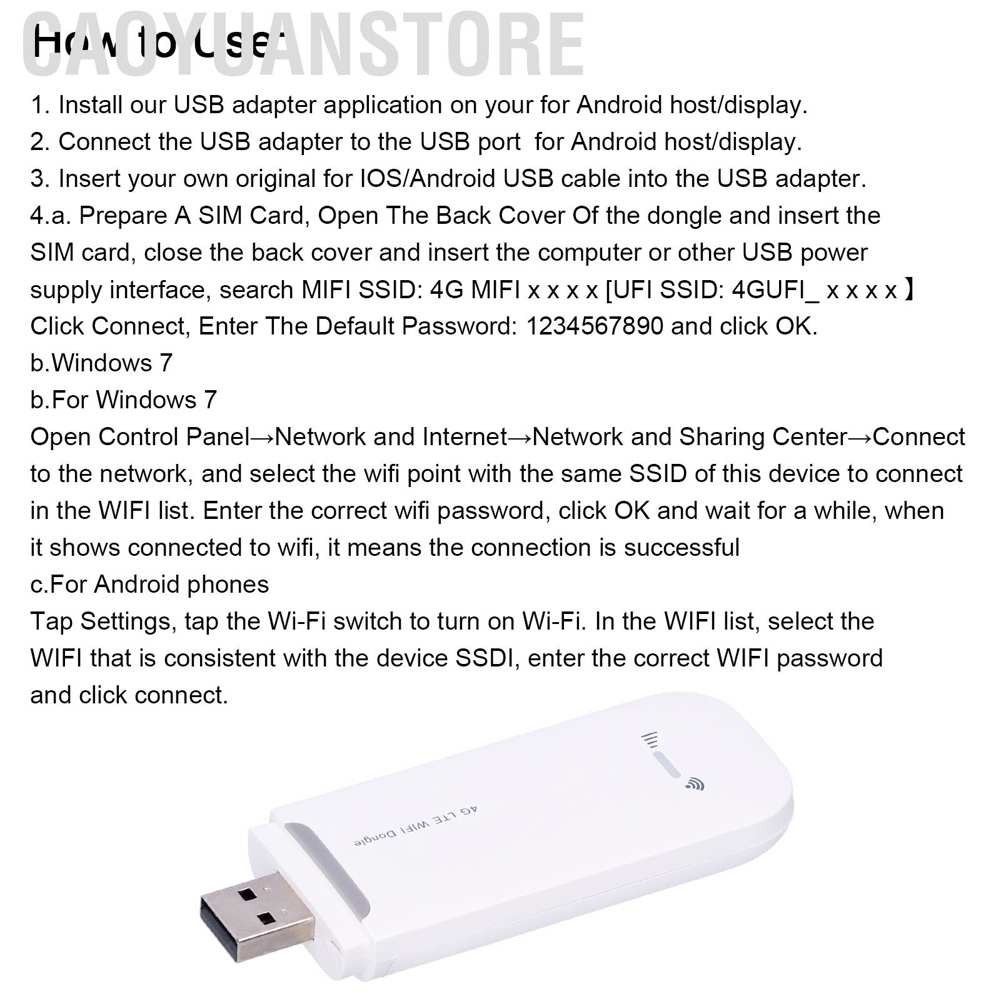 Caoyuanstore USB Wifi Modem Network Dongle Unlocked 4G LTE Adaptor Stick With SIM Card Slot