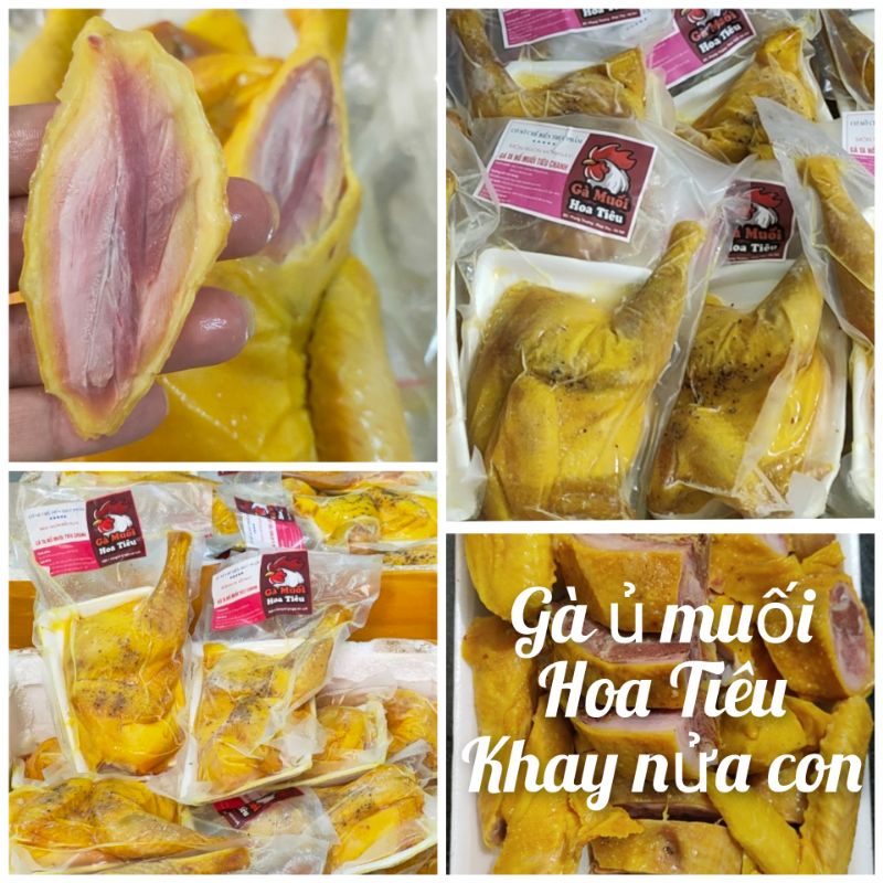 Gà chặt sẵn  ủ muối hoa tiêu, khay nửa con kèm dưa leo, muối chấm về ăn ngay.