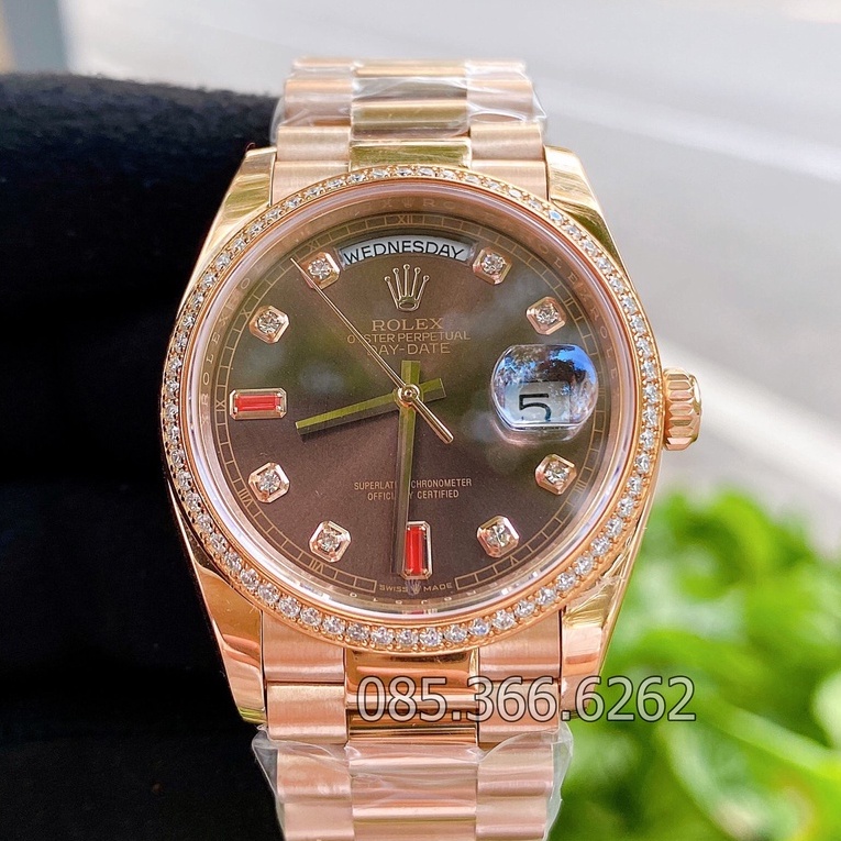 Đồng hồ nam Rolex đồng hồ cơ Automatic mẫu Classic 2 lịch nâu cafe viền đá size 40-41mm