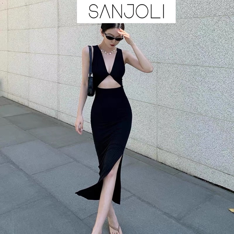 Váy Len Body Maxi SANJOLI Đầm Dự Tiệc Nữ Ôm Sexy Hở Lưng Dáng Dài Thiết Kế Xẻ Tà Xoắn Nơ Đi Chơi Màu Đen VD068