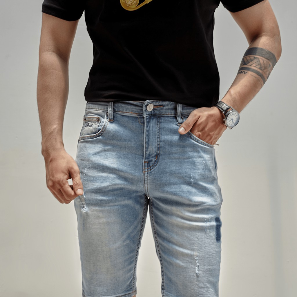 Quần short jean nam xanh rách MRC S202 chất cotton cao cấp, form ôm vừa vặn, tôn dáng, trẻ trung - MENFIT