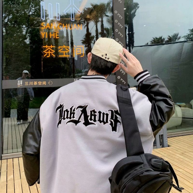 ÁO KHOÁC BÓNG CHÀY ĐÓNG CÚC PHỐI TAY DA HÀNG QUẢNG CHÂU