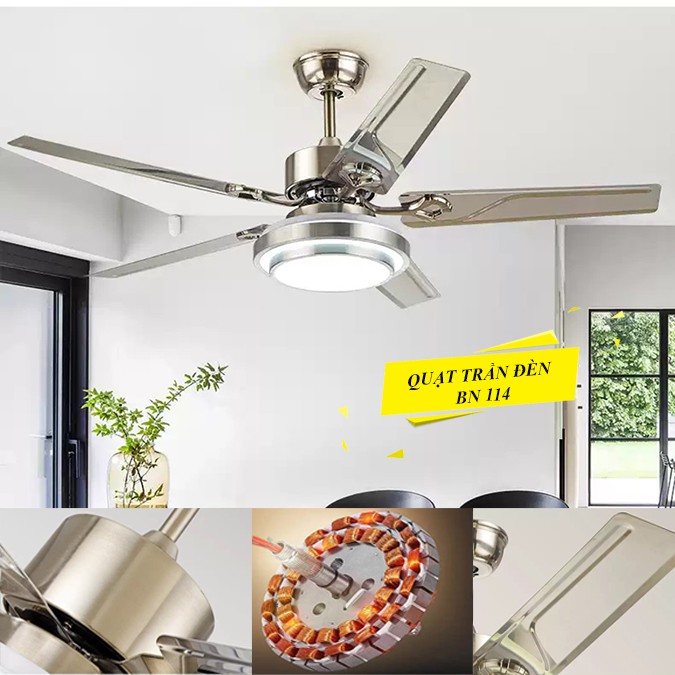 Quạt trần đèn BN 114 - động cơ DC tiết kiệm điện , điều khiển 6 số , đèn LED đổi màu