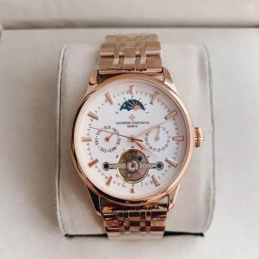 Đồng hồ Nam Vacheron máy nhật, mẫu 5kim lộ cơ thanh ngang, mặt trắng viền vàng , dòng cơ Automatic size 40mm-41mm