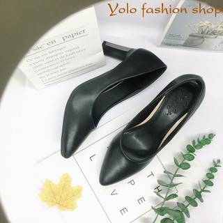 Giày cao gót nữ da lì đế vuông 7cm phối kim loại dáng basic hàng VNXK da mềm êm chân -HC08