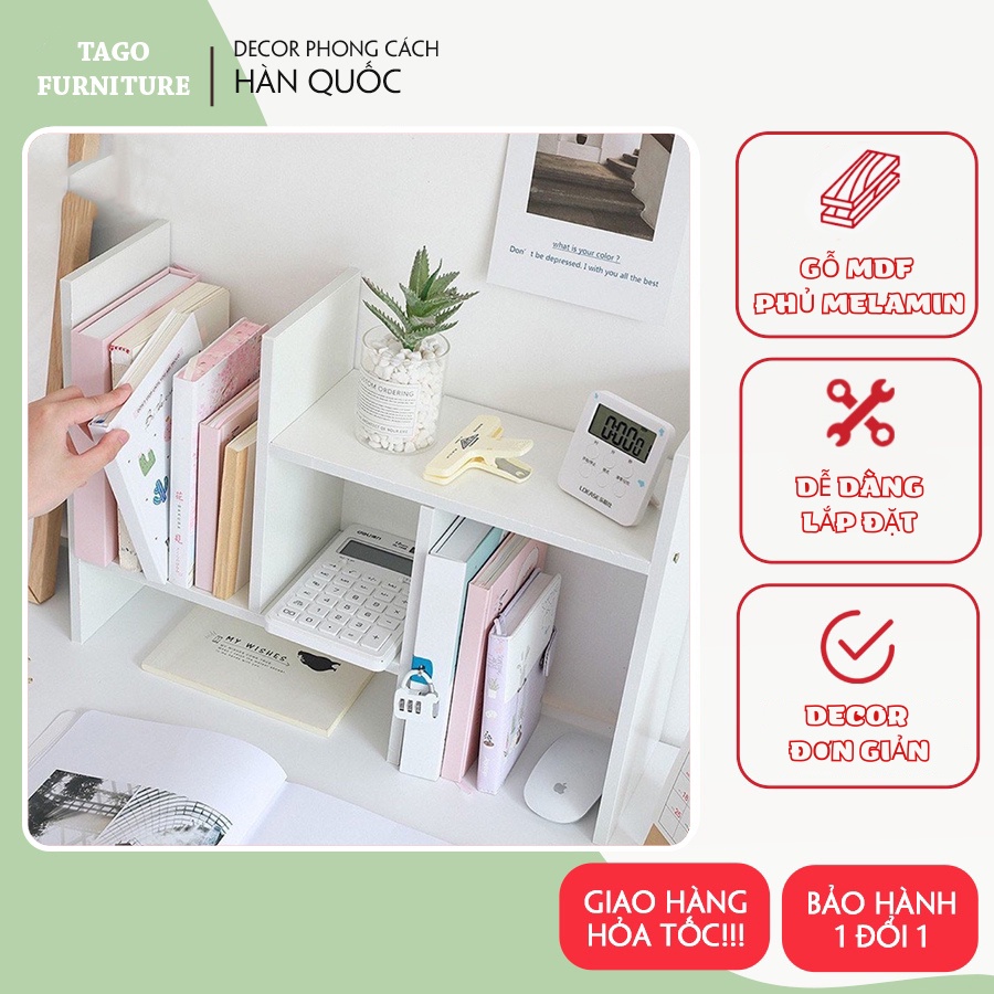 Kệ sách Mini để bàn, kệ gỗ đa năng 2 tầng gỗ MDF phủ Melamin decor góc học tập, làm việc 50x30x18 TAGO ND15