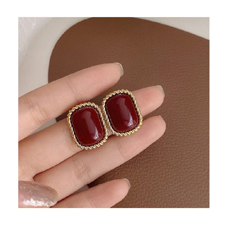 Đôi bông tai đính đá đỏ phong cách Pháp retro thời trang cho nữ